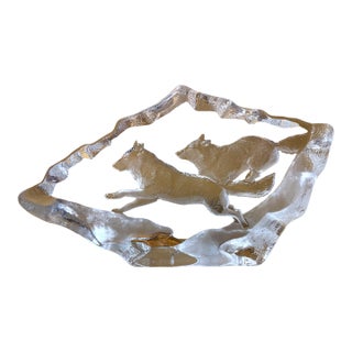 Stunning Mats Jonasson Signed Swedish Art Glass Running Wolf Pair Crystal Sculpture - 10" For Sale