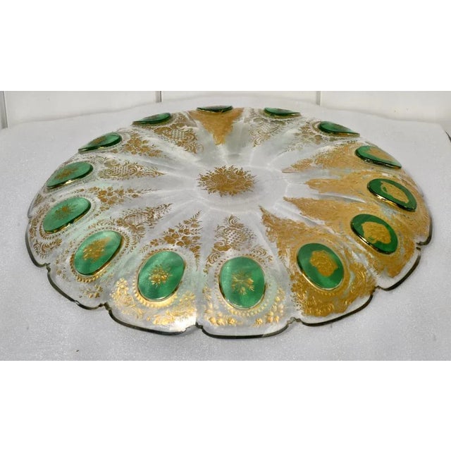 Dark Green Antique Moser Style Cut & Painted Etched Glass Large Bowl For Sale - Image 8 of 11