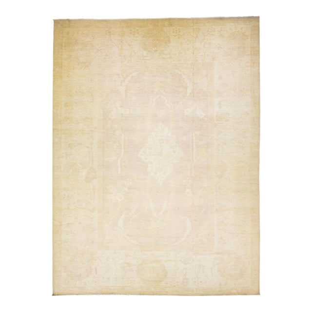 2010s Ovesize Modern Oushak Beige Wool Rug With Floral Design For Sale