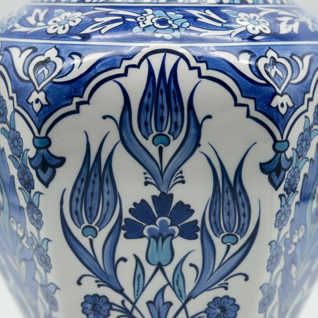 2020s Handmade Ceramic Faceted Vase (30cm) Hexagonal Blue and White Cypress & Tulip Pattern For Sale - Image 5 of 8