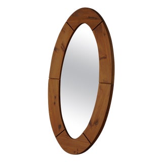 Large Oval Wall Mirror in Pine by Glasmäster Markaryd, Sweden, 1960s For Sale