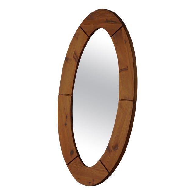 Large Oval Wall Mirror in Pine by Glasmäster Markaryd, Sweden, 1960s For Sale