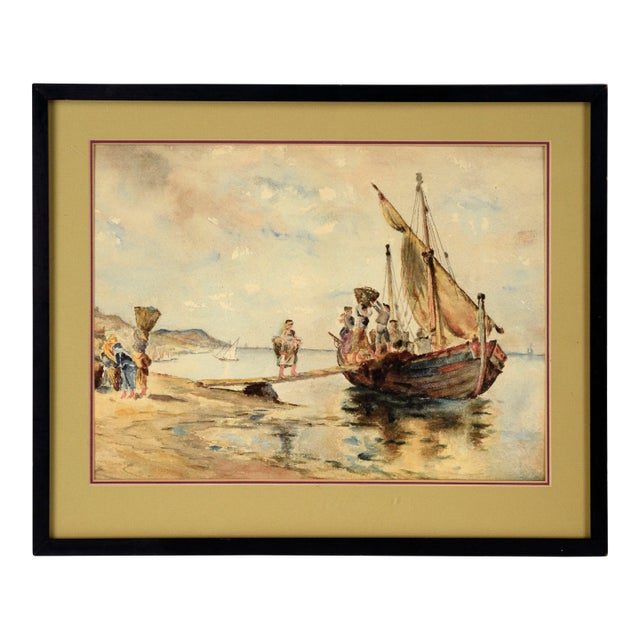 Loading the Cargo Ship - Brittany France - Watercolor 19th Century For Sale