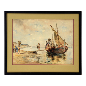 Loading the Cargo Ship - Brittany France - Watercolor 19th Century