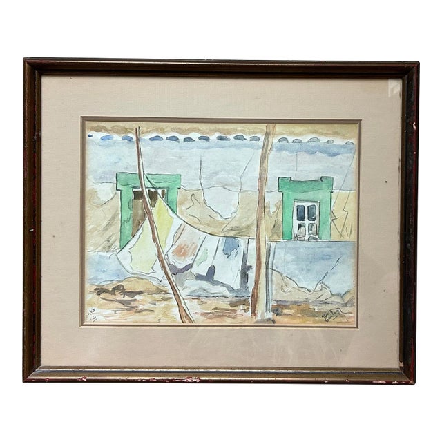 Vintage Spanish Style Architectural Watercolor in Gold Frame For Sale