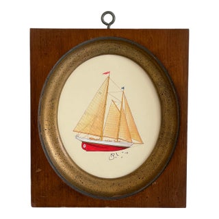 Original Hand-Painted Sailboat Painting in a Vintage Italian Frame For Sale