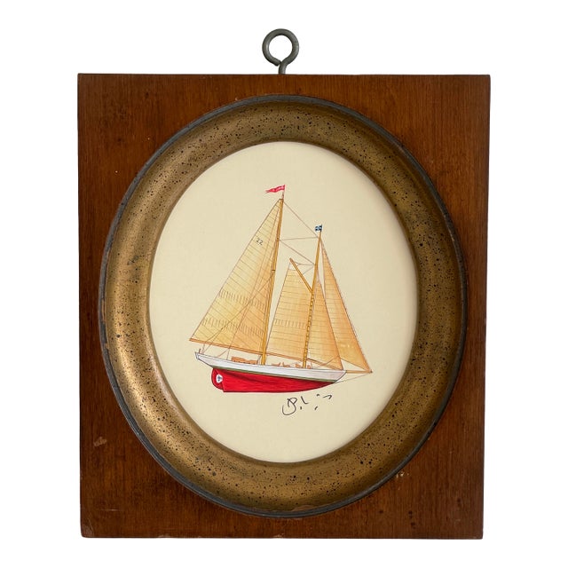 Original Hand-Painted Sailboat Painting in a Vintage Italian Frame For Sale