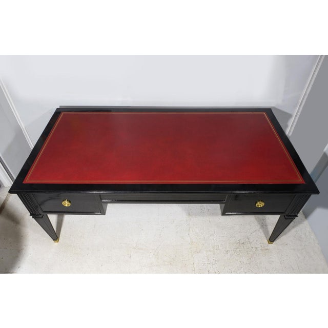 Ebony Vintage Ebonized Leather-Top French Bureau Plat Faux-Partner's Desk For Sale - Image 8 of 8