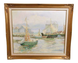 Sinomas, Oil on Canvas Painting of Working Lanteen Sailing Vessels in Port Custom Frame