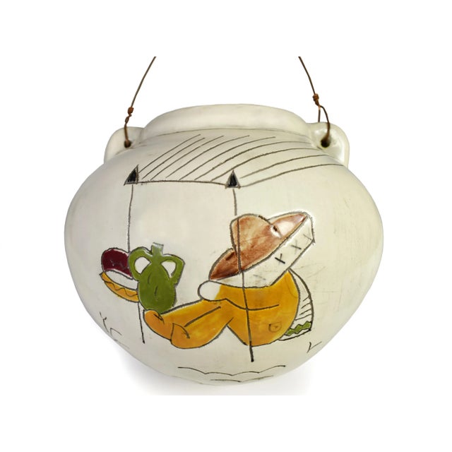 Vintage Handmade Hand-Painted Mexican Pottery Vessel Pot Vase on Wooden Tripod Base For Sale - Image 4 of 10