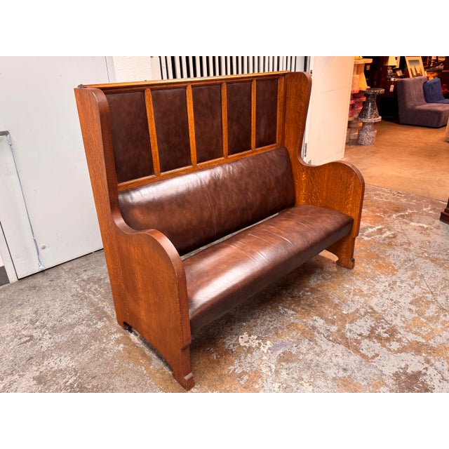 Antique High-Back Oak + Leather Settle Bench For Sale - Image 12 of 12