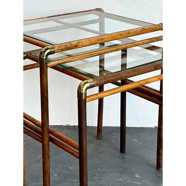 Mid-Century Modern Vintage MCM Burlwood and Brass Nesting Tables - Set of 2 For Sale - Image 3 of 12