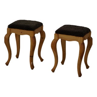 Early 20th Century Danish Classic Pine Stools with Lambswool Seats, 1920s, Set of 2 For Sale