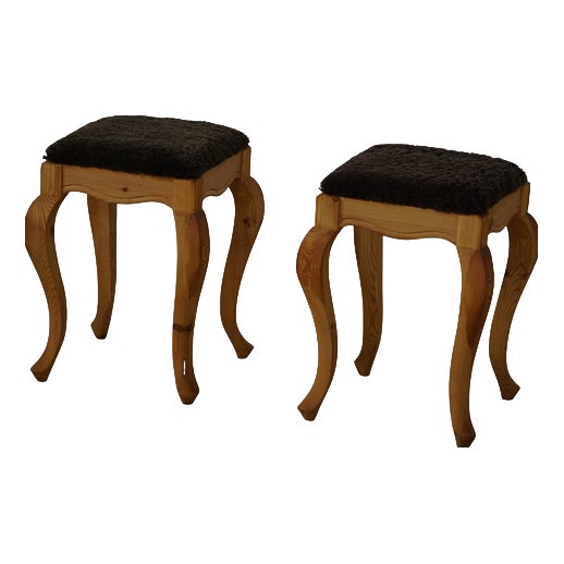 Early 20th Century Danish Classic Pine Stools with Lambswool Seats, 1920s, Set of 2 For Sale