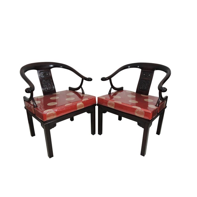 Vintage Chinese "Ming Style" Rosewood Arm Chairs With Dragons & Red