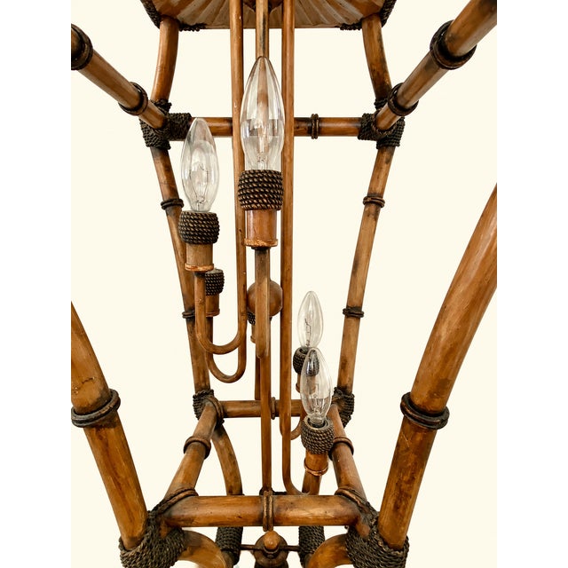 Vintage Mid-Century Faux Bamboo & Rattan Pagoda Hanging Lantern Pendant Chandelier For Sale In Naples, FL - Image 6 of 8