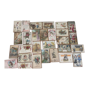 Lot of 28 Early 1900s Framed Postcards Foil Edged Under Glass, Handwritten