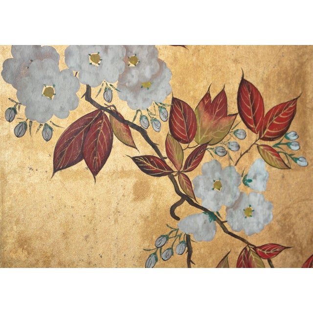 C. 1970s Chinese Six-Panel Gold Leaf Style Painted Screen "Blossoming Plum Tree" For Sale - Image 10 of 18
