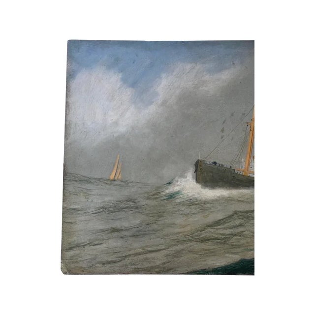 Textile Antique Nautical Maritime Painting of a Steamship, Circa 1890’s For Sale - Image 7 of 11