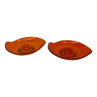 Pair of Vintage Viking Glass "Epic" Persimmon Orange Candle Holders For Sale