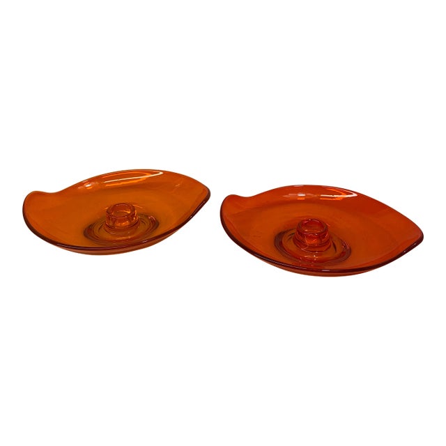 Pair of Vintage Viking Glass "Epic" Persimmon Orange Candle Holders For Sale