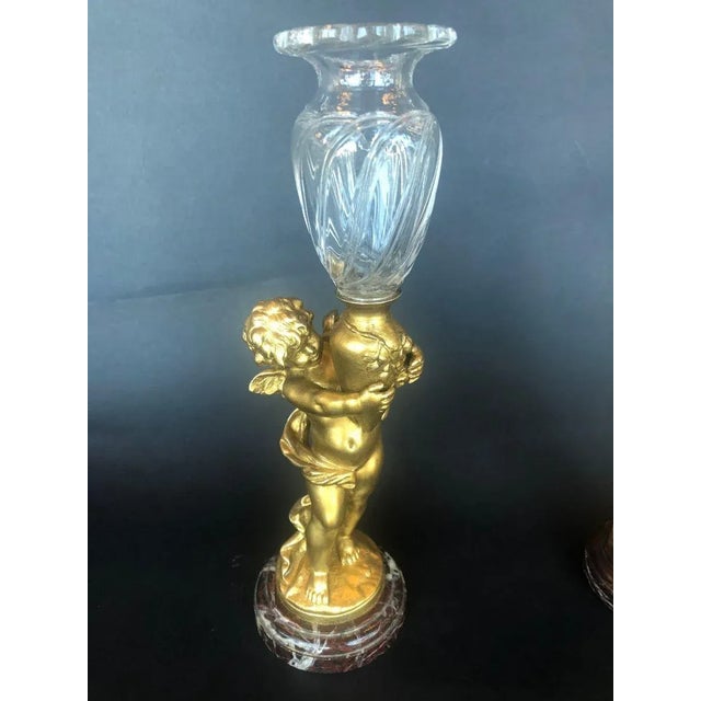 Pair of Bronze Cherubs With Glass Vases For Sale - Image 4 of 8