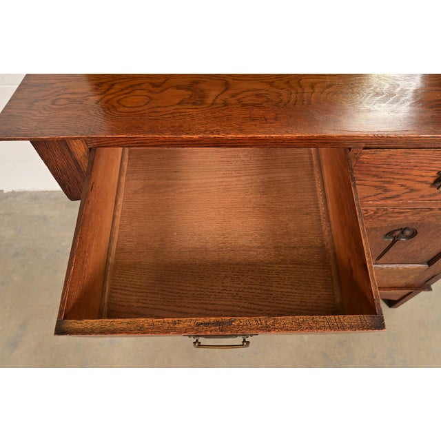 Wood Liberty & Co. Antique English Arts & Crafts Oak Sideboard With Stained Glass Door, Circa 1900 For Sale - Image 7 of 16