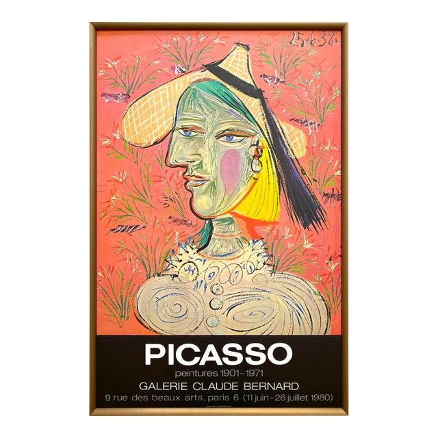 Pablo Picasso Vintage 1980 Lithograph Print Framed Paris Exhibition Poster " Woman With Straw Hat on Flowery Background " 1938 For Sale