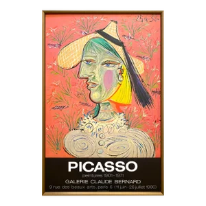Pablo Picasso Vintage 1980 Lithograph Print Framed Paris Exhibition Poster " Woman With Straw Hat on Flowery Background " 1938