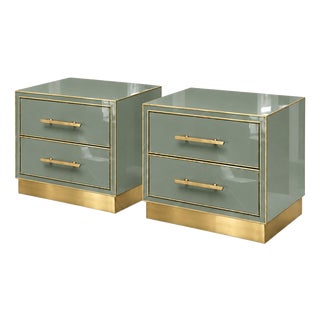 Sage Green Murano Glass Nightstands with Brass Plinth from Justfurnituress SRL, Set of 2 For Sale