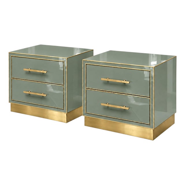 Sage Green Murano Glass Nightstands with Brass Plinth from Justfurnituress SRL, Set of 2 For Sale