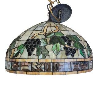 Late 20th Century Stained Leaded Glass Grape & Vine Tiffany Style Hanging Dome Chandelier For Sale