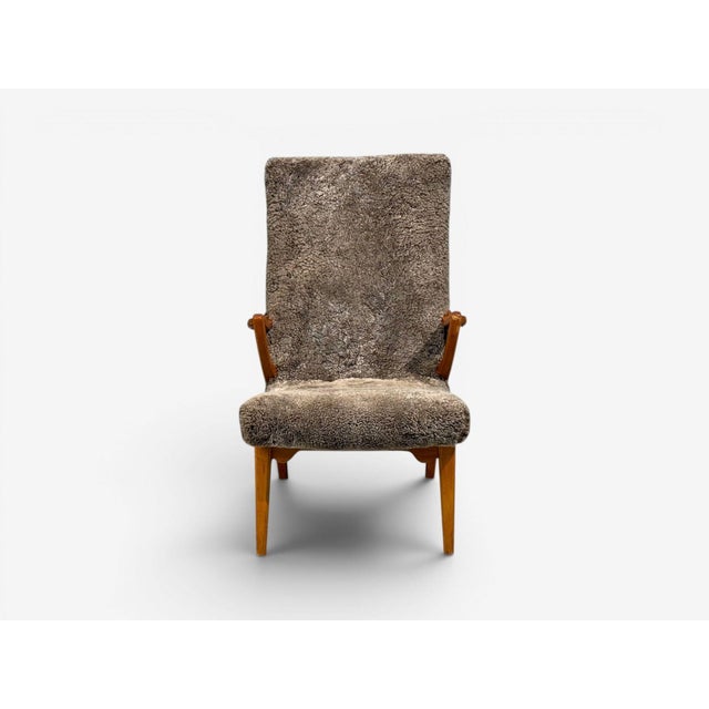 Jio Möbler, Chaise Lounge, Gray Shearling, Elm, Sweden, 1960s For Sale - Image 4 of 13