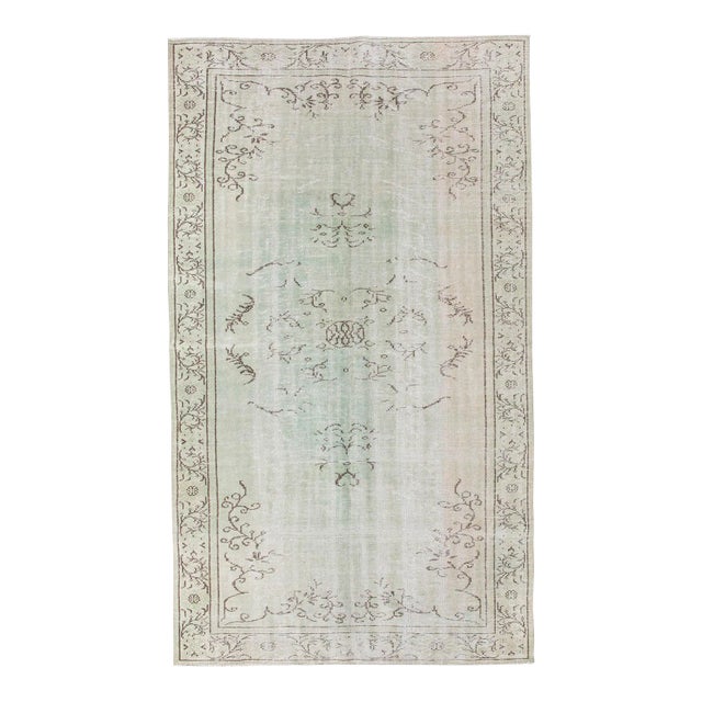 Faded Green Vintage Turkish Oushak Rug For Sale