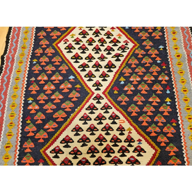 Vintage Persian Senneh Kilim, Flat-Woven Wool Rug, Paisley Pattern, Ivory & Black, 3x6 For Sale - Image 9 of 15