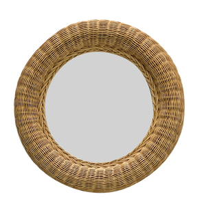 Mid-Century Modern French Woven Rattan Wicker Round Wall Mirror, 1970s