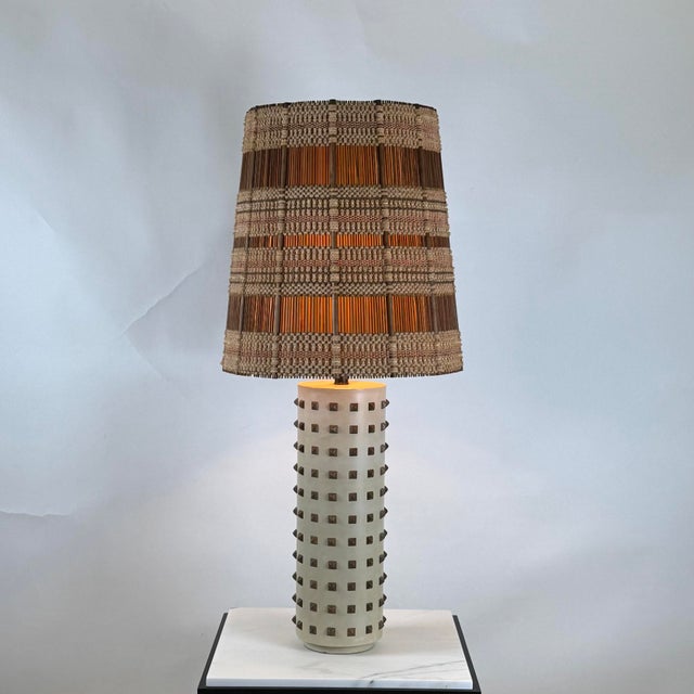 Wood 1960s Studded Cream Leather Table Lamp With Original Maria Kipp Shade For Sale - Image 7 of 10