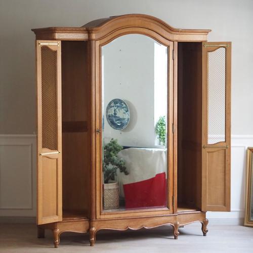 Large Vintage French Wardrobe with Mirrored Door and Lattice Side Doors, 1920s For Sale - Image 3 of 18