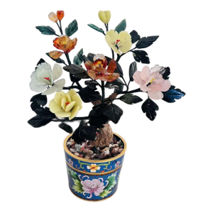 Vintage Gemstone & Cloisonné Enamel Bonsai Tree – Jade, Agate & Crystal Flowers