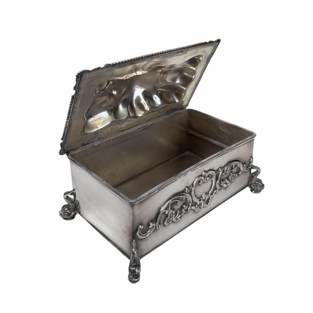 1920s Antique Silver Smoking Pipe Tobacco Box or Humidor W Dolphin Feet For Sale - Image 5 of 7