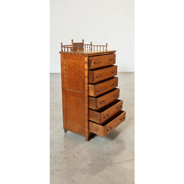 Chinoiserie Late 19th Century Paine Furniture Co. Faux Bamboo Birdseye Maple Wellington Chest For Sale - Image 3 of 16