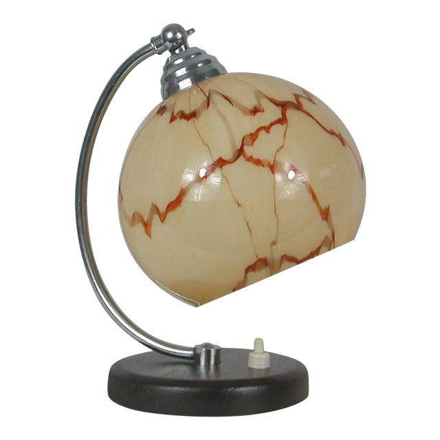 French Walnut, Chrome & Opaline Glass Table Lamp, 1930s For Sale