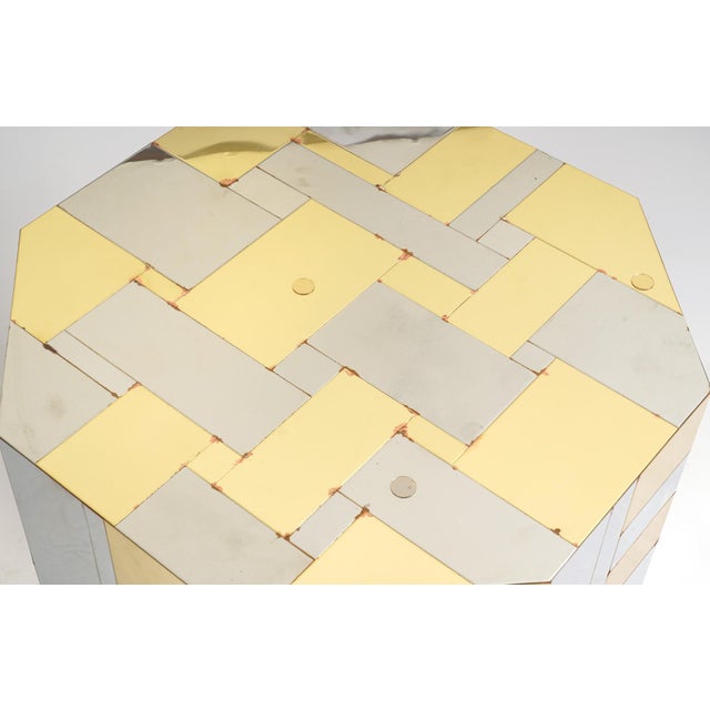 Signed Paul Evans 1970s Cityscape Patchwork Chrome and Brass Octagonal Breakfast Dining Table For Sale In Naples, FL - Image 6 of 9