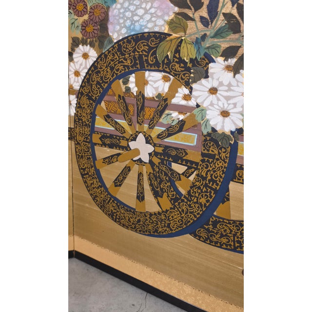 Japanese Attributed Okuda Hōgen (Hōen) Japanese Hanaguruma Four-Panel Byōbu Folding Screen on Gold Silk, Early 20th Century For Sale - Image 3 of 16