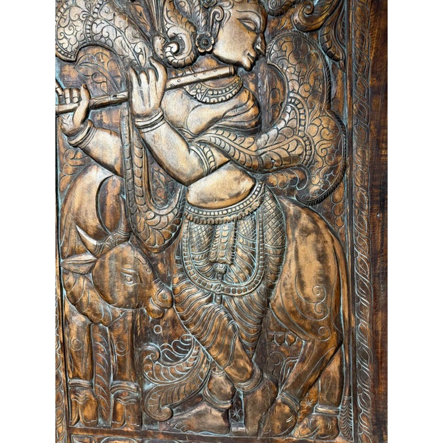 Krishna Carved Wall Panel Barn Door Brown Reclaimed Wood Home Wall Art 84x41 For Sale - Image 4 of 7