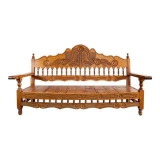 Vintage Mexican Folk Art Carved Wood Bench For Sale