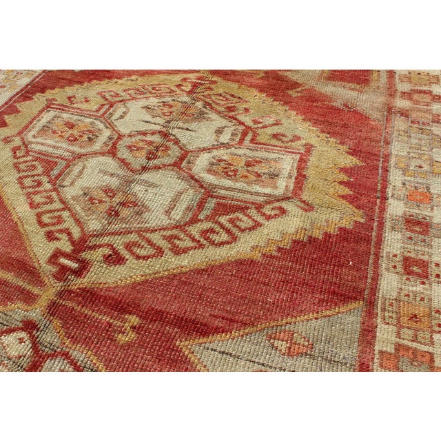 Mid 20th Century Square Turkish Oushak With Medallion Design in Muted Red, L. Green & Yellow For Sale - Image 5 of 7