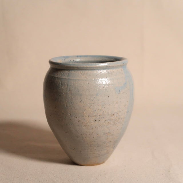 1980s Vintage Signed Artisan Thrown Studio Pottery Vase With Blue Drip Glaze and Organic Minimalist Form For Sale - Image 5 of 9