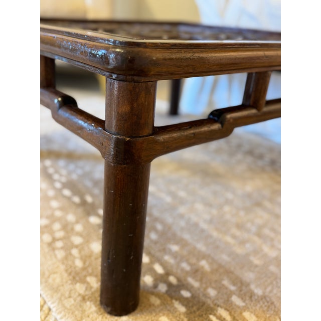 Antique Chinese Elmwood (Yumu) Kang Table – Hand-Cut Mortise & Tenon Joinery With Shou Medallion Fretwork, Qing Dynasty For Sale - Image 6 of 13
