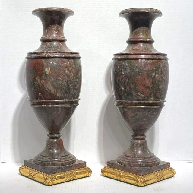Neoclassical 19th Century Classical Rouge Marble Vases on Giltwood Bases - A Pair For Sale - Image 3 of 8